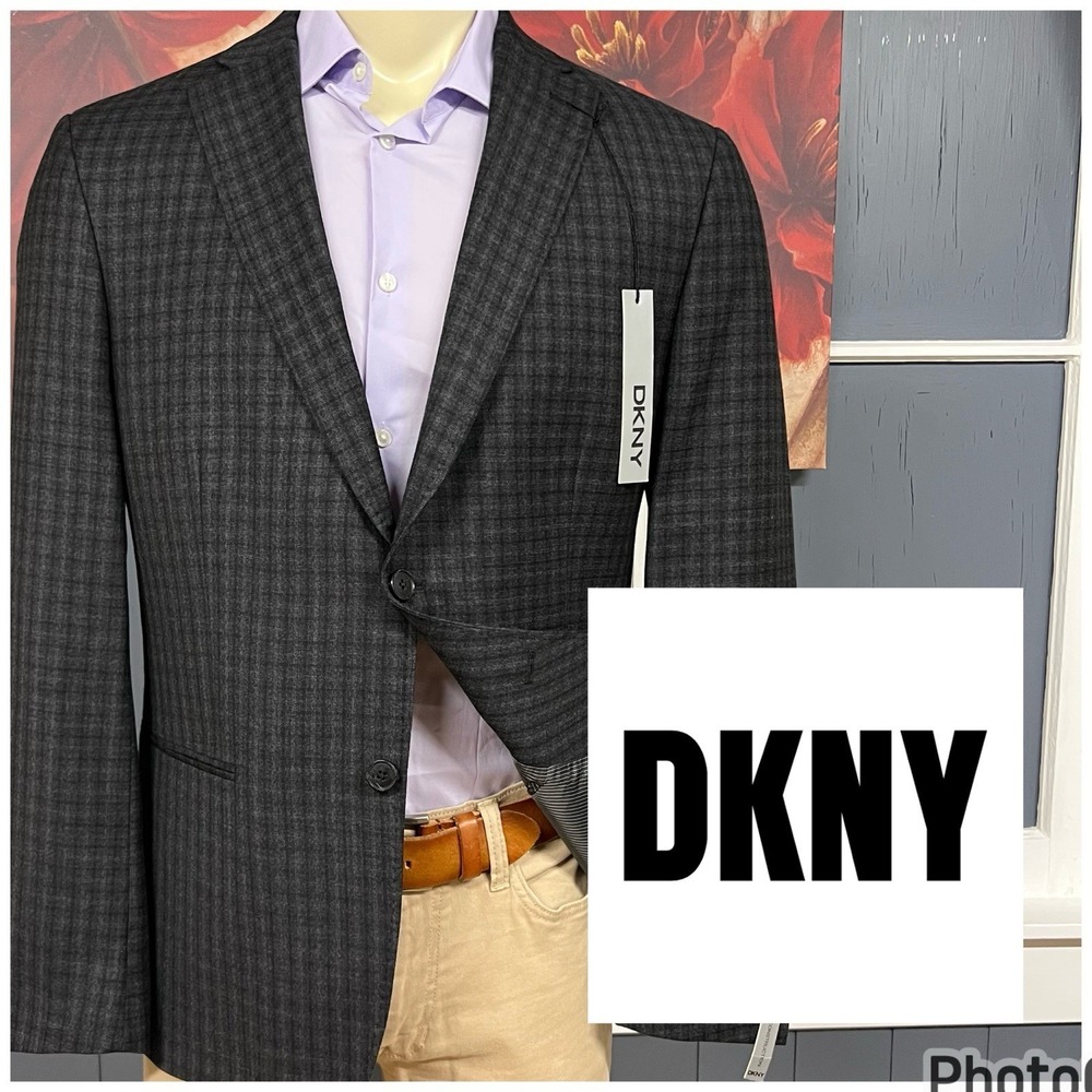 DKNY Blazer Jacket Sport Coat Mens 44R Modern Fit Wool Gray/Black Check Flannel